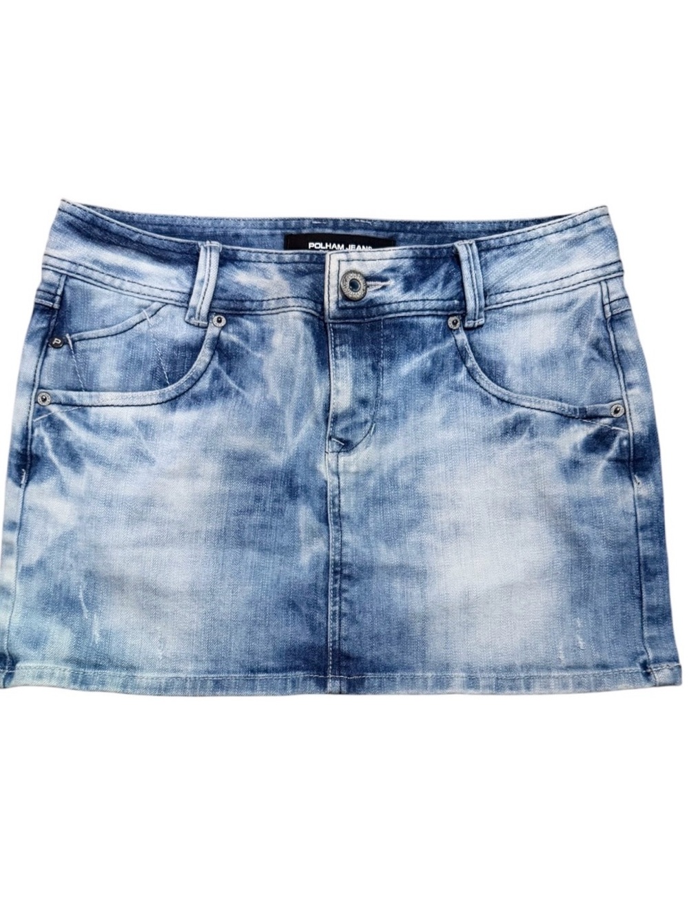 Polham Jeans Distressed Denim Mini Skirt Women’s Size 28 Blue Stretch Y2K